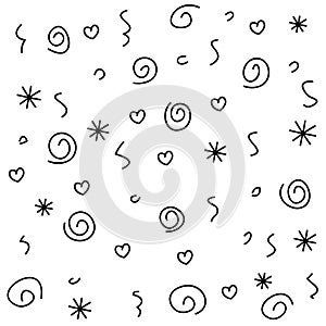 Geometric pattern with stars, swirls and hearts. Holiday doodle Wallpaper. Hand drawn Festive party background.