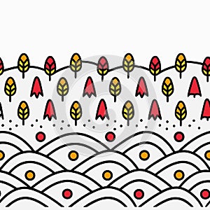 Geometric pattern with trees and hills in red, yellow, and black lines