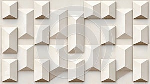 A geometric pattern of white, three-dimensional shapes on a beige background.