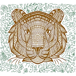 Geometric patterned head of the tiger, hand drawn illustration