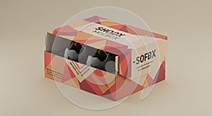 Geometric-patterned shoe box with a mix of red, orange, and beige triangles and