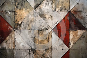Geometric patterns on grunge wall in vivid colors with cracks, textures and shapes