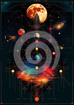Geometric patterns and shapes based on the geometric patterns, on a dark background . photo