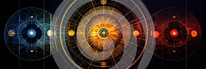 Geometric patterns and shapes based on the geometric patterns, on a dark background . photo