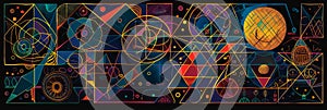 Geometric patterns and shapes based on the geometric patterns, on a dark background . photo