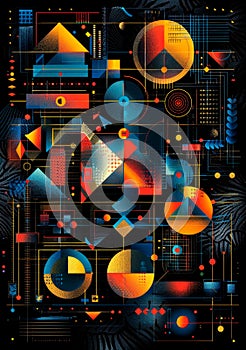 Geometric patterns and shapes based on the geometric patterns, on a dark background . photo