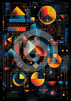 Geometric patterns and shapes based on the geometric patterns, on a dark background .