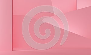 Geometric pink abstract background with a sloping wall and bright lights. 3d rendering