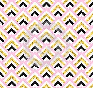 Geometric pink black and gold glittering seamless pattern on white background.