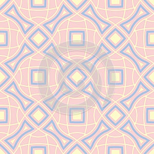 Geometric pink colored seamless pattern with blue and beige elements