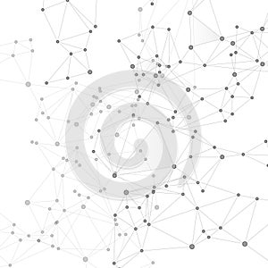 Geometric plexus structure cybernetic concept. Network nodes greyscale plexus background.
