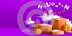 Geometric podium for product with halloween concept. Halloween stage with pumpkin and and mystical smoke