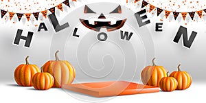 Geometric podium for product with halloween concept.Halloween stage with pumpkin in simple style