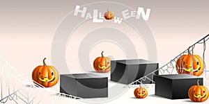 Geometric podium for product with halloween concept.Halloween stage with pumpkin and spider web