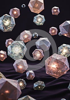 Geometric polyhedral shapes, resembling dodecahedrons, float against a dark photo