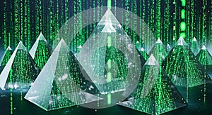 Geometric Pyramids with Binary Code Data Streams, Futuristic Digital Landscape