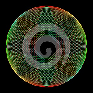 GEOMETRIC RAINBOW ATOM PATTERN ON BLACK BACKGROUND