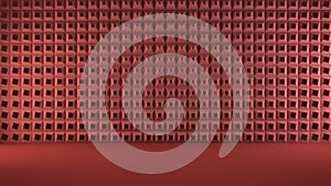 Geometric red colored background, abstract shapes, monogram, wall with three dimensional pattern, squares, rectangles, polygons,