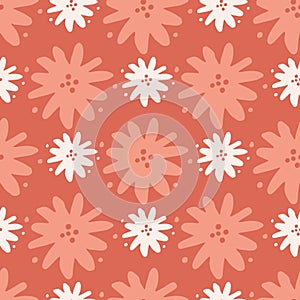 Geometric red and white flower seamless pattern . Cute chamomile flowers wallpaper. Ditsy floral background