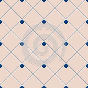 Geometric repeating vector ornament with diagonal lines and circles. Seamless abstract modern dark and light blue and beige