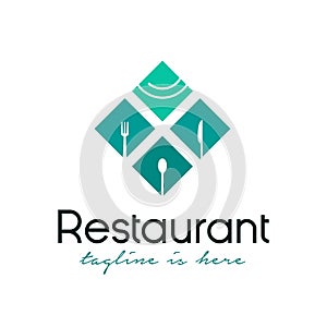 Geometric restaurant logo design vector illustration with plate, spoon, fork and knife icon. Cafe logo