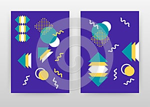 Geometric round triangla arrows on purple design for annual report, brochure, flyer, leaflet, poster. Green yellow geometric