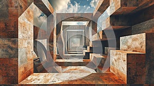 Geometric rusted cube architecture with infinite perspective
