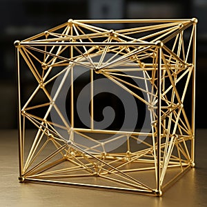 Geometric sculpture featuring a complex wireframe structure. Composed of