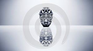 Geometric sculpture featuring interlocking metallic triangular shapes forming a 3D