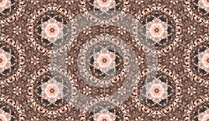 Geometric seamless design template with brown, white and ivory elements. Tile background pattern with symmetric bleached floral