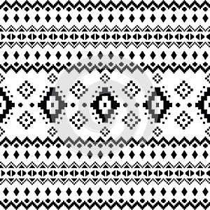 Geometric seamless ethnic pattern in native tribal style. Pixel pattern with Native American motive. Black and white colors.