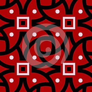 Geometric seamless pattern. Black and white elements on red background