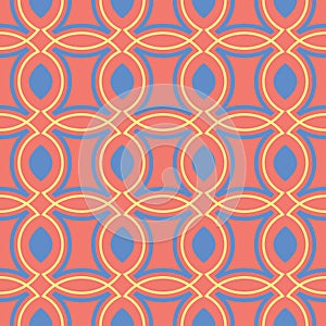 Geometric seamless pattern. Bright red background with blue and yellow design