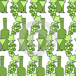 Geometric seamless pattern with bunches of green grapes, bottles of wine and glasses. Vector