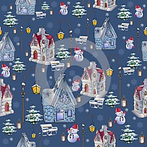Geometric seamless pattern with christmas elements. Christmas trees, snowmen, fairy houses, lanterns, benches.
