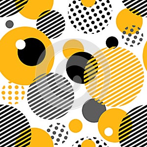 Geometric seamless pattern with circles, stripes, dots.