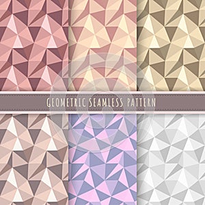 Geometric seamless pattern collection. Set of 6 triangle polygon background vector. Metallic luxury texture