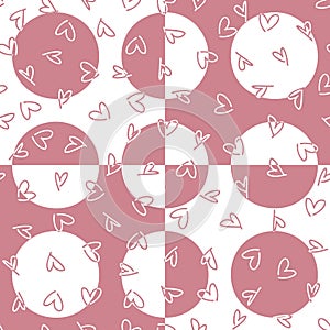 Geometric seamless pattern with doodle hearts and round spots. Aesthetic background with distorted squares and circles. Hand drawn