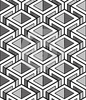 Geometric seamless pattern, endless black and white vector regular background. Abstract covering with 3d superimpose figures. photo