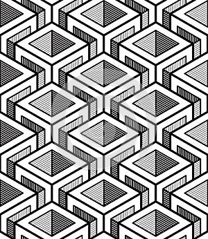 Geometric seamless pattern, endless black and white vector regular background. Abstract covering with 3d superimpose figures.