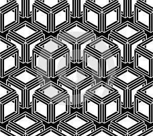 Geometric seamless pattern, endless black and white vector regular background. Abstract covering with 3d superimpose figures.