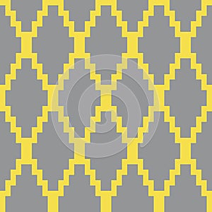 Geometric seamless pattern with gray pixel art rhombus on yellow background. Abstract diamond vector pattern