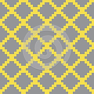 Geometric seamless pattern with gray pixel art rhombus on yellow background. Abstract diamond vector pattern