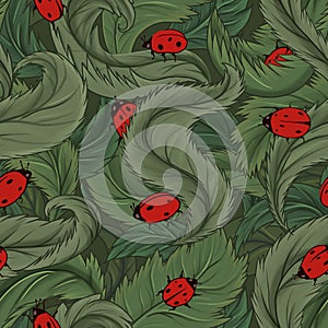 Geometric seamless pattern of ladybugs in the foliage. Natural texture with insects and leaves. Hand drawn wallpaper