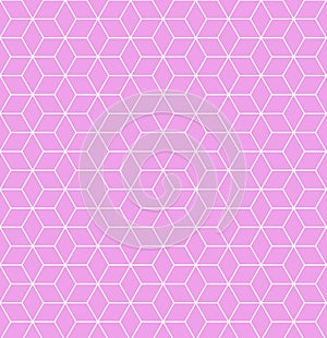 Geometric seamless pattern with linear white rhombuses and abstract flowers on a pink background