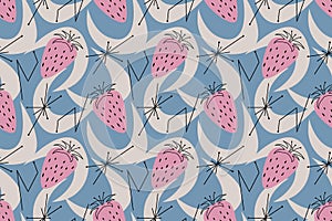 Geometric seamless pattern of Mid-Century Modern style design with abstraction and strawberries. Vector illustration in