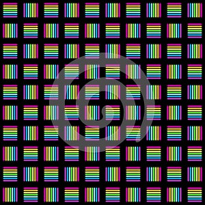 Geometric seamless pattern with multicolored cross lines, rainbow colors braided ornament, prism graphic texture. Decorative brigh