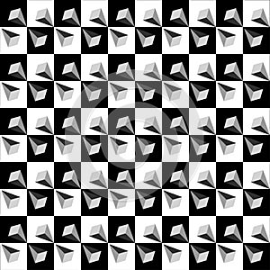 Geometric seamless pattern, optical illusion, vector background. Monochrome ornament from black, white and gray squares, triangles