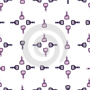 Geometric seamless pattern with pink and purple rum bottles print