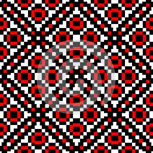 Geometric seamless pattern. Red and white elements on black background